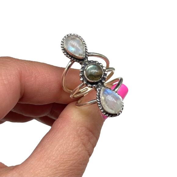 Rainbow Moonstone & Labradorite Ring Size 7.5 Solid 925 Sterling Silver - Picture 4 of 9